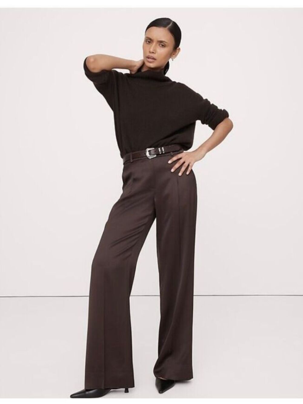 Banana Republic High-Rise Wide-Leg Italian Satin Pant Chocolate Ganache Brown 12